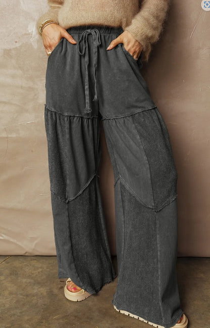 Washed Charcoal Patchwork Wide Leg Pants | Drawstring Boutique Pants