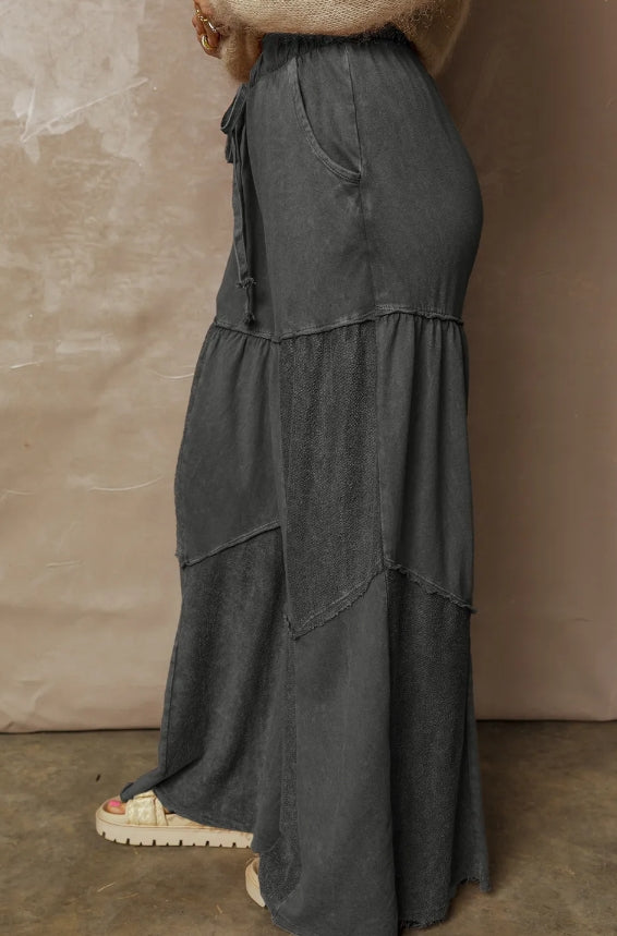 Washed Charcoal Patchwork Wide Leg Pants | Drawstring Boutique Pants