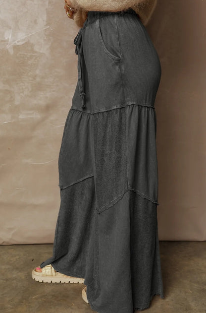 Washed Charcoal Patchwork Wide Leg Pants | Drawstring Boutique Pants