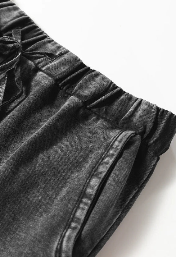 Washed Charcoal Patchwork Wide Leg Pants | Drawstring Boutique Pants