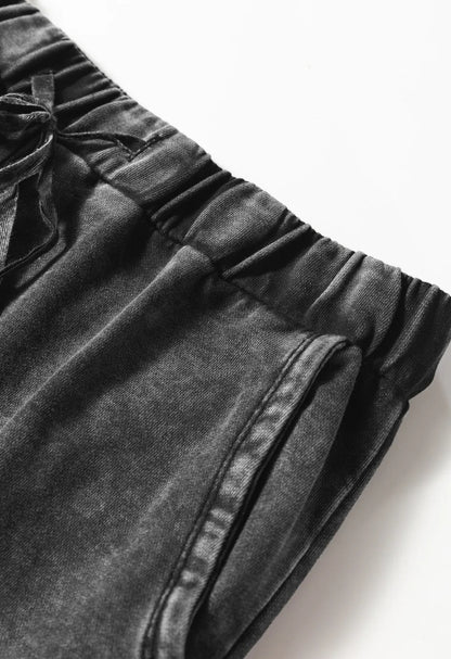 Washed Charcoal Patchwork Wide Leg Pants | Drawstring Boutique Pants
