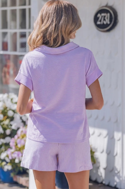 Lavender Stripe Collared Short Set | Casual Boutique Two-Piece Outfit