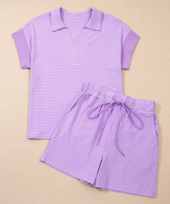 Lavender Stripe Collared Short Set | Casual Boutique Two-Piece Outfit