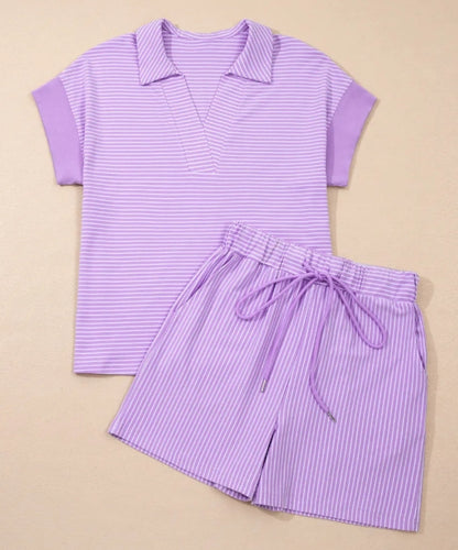 Lavender Stripe Collared Short Set | Casual Boutique Two-Piece Outfit