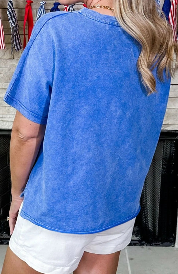 Star Patch Zip Collar Top | Patriotic Blue Short Sleeve Boutique Tee