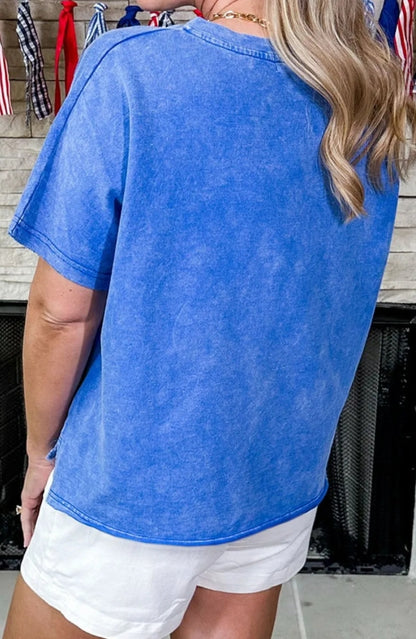 Star Patch Zip Collar Top | Patriotic Blue Short Sleeve Boutique Tee
