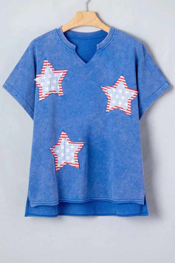 Star Patch Zip Collar Top | Patriotic Blue Short Sleeve Boutique Tee