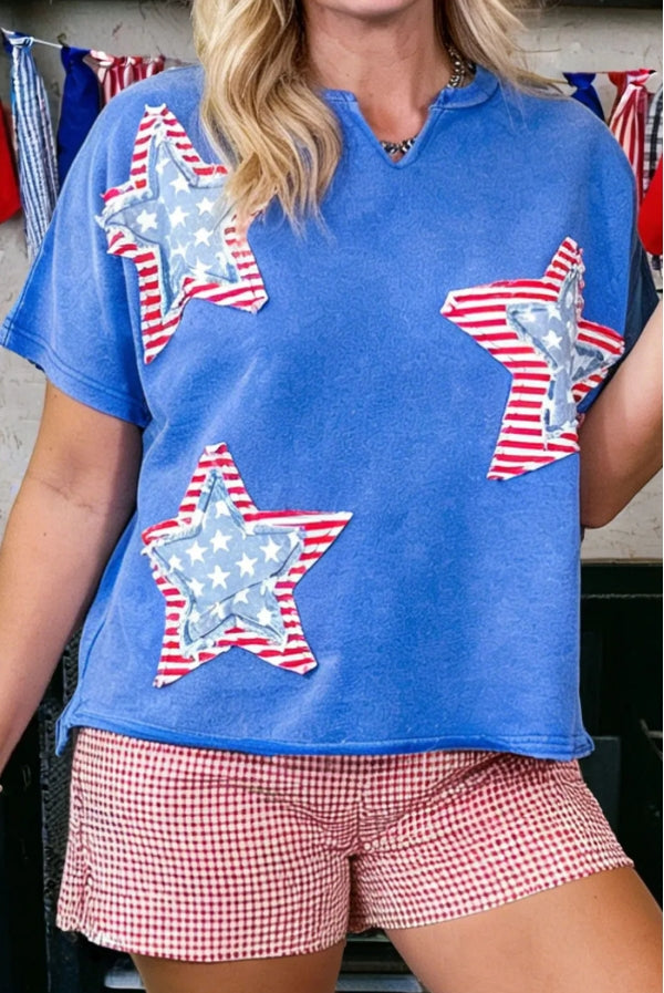 Star Patch Zip Collar Top | Patriotic Blue Short Sleeve Boutique Tee