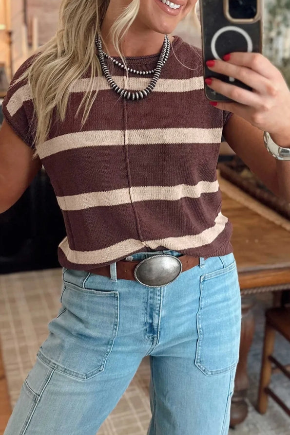 ~PREORDER ~ Brown Stripe Knit Western Short Sleeve Sweater ~PREORDER ~