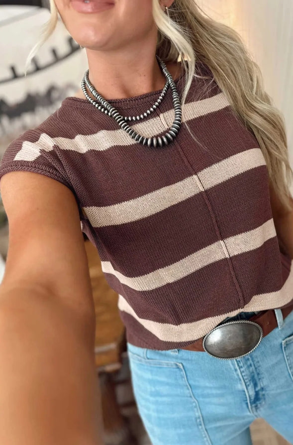 ~PREORDER ~ Brown Stripe Knit Western Short Sleeve Sweater ~PREORDER ~