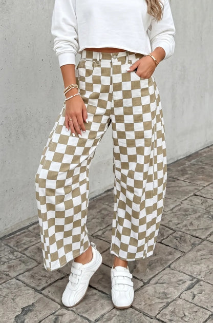 ~PREORDER ~ Taupe Checkered Denim Barrel Pants ~PREORDER ~
