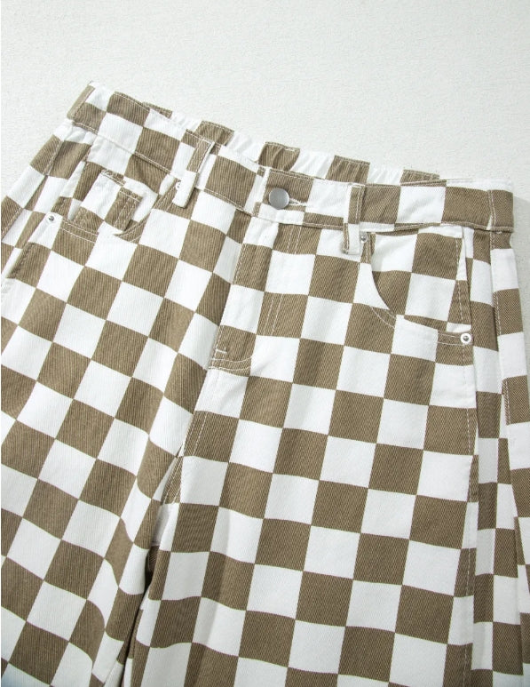 ~PREORDER ~ Taupe Checkered Denim Barrel Pants ~PREORDER ~