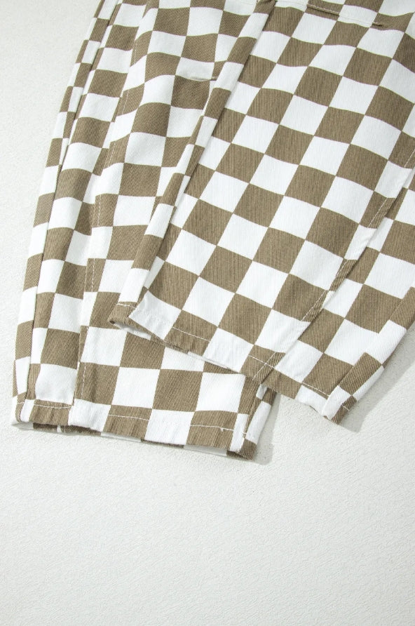 ~PREORDER ~ Taupe Checkered Denim Barrel Pants ~PREORDER ~