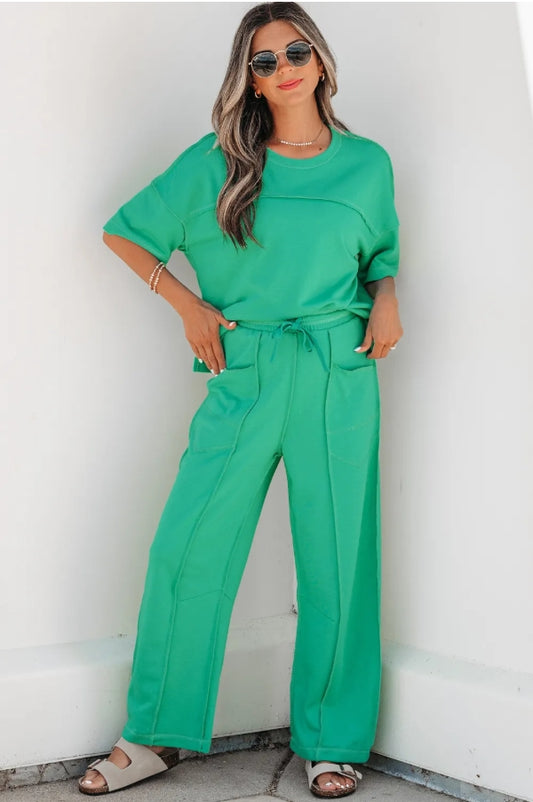 Green Relaxed Lounge Set | Short Sleeve Top & Wide Leg Pants Set