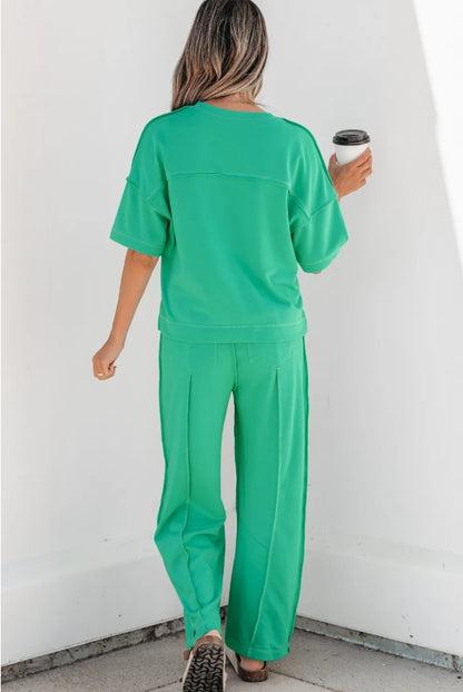 Green Relaxed Lounge Set | Short Sleeve Top & Wide Leg Pants Set