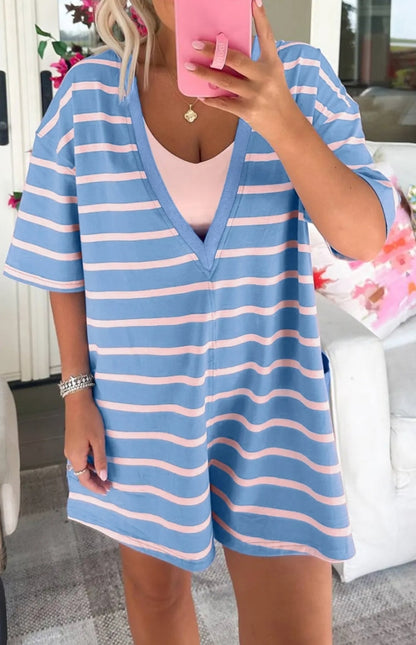 Blue & Pink Stripe V-Neck Romper | Casual Cotton Boutique Romper