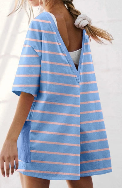 Blue & Pink Stripe V-Neck Romper | Casual Cotton Boutique Romper