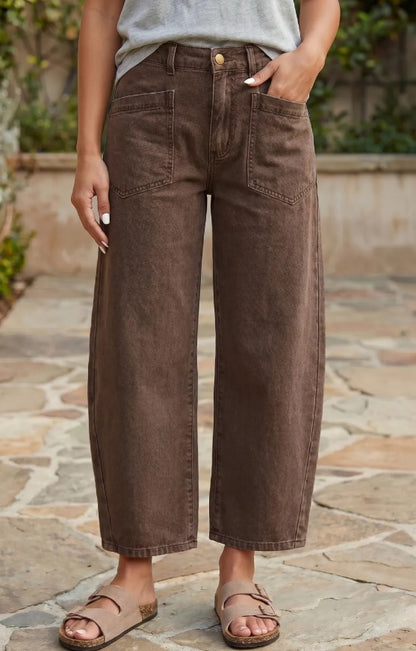 Coffee Barrel Jeans | Square Patch Pocket Ankle-Length Denim Pants