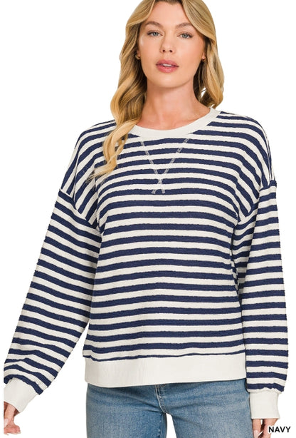 Zenana Navy Striped Rib Banded Pullover | Cotton Blend Crewneck Sweater Top