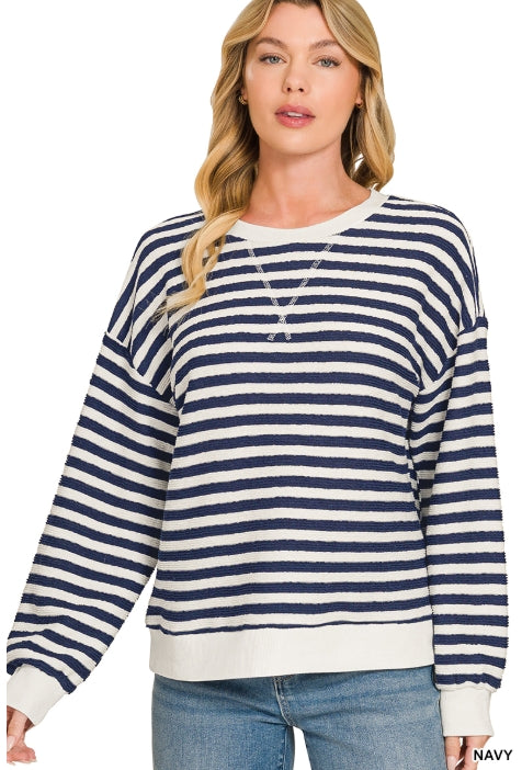 Zenana Navy Striped Rib Banded Pullover | Cotton Blend Crewneck Sweater Top