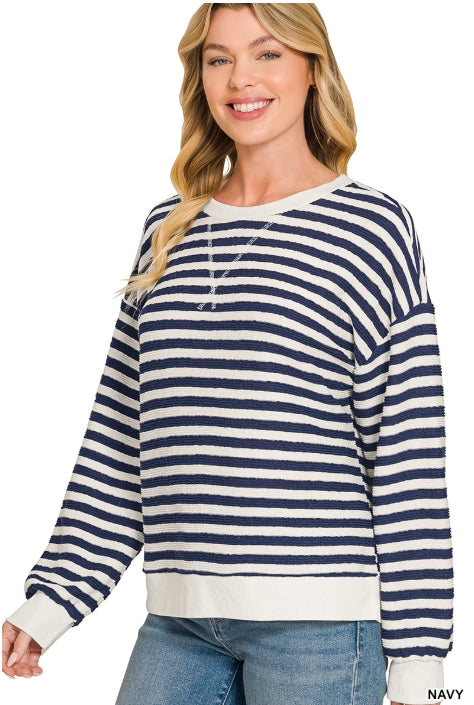 Zenana Navy Striped Rib Banded Pullover | Cotton Blend Crewneck Sweater Top