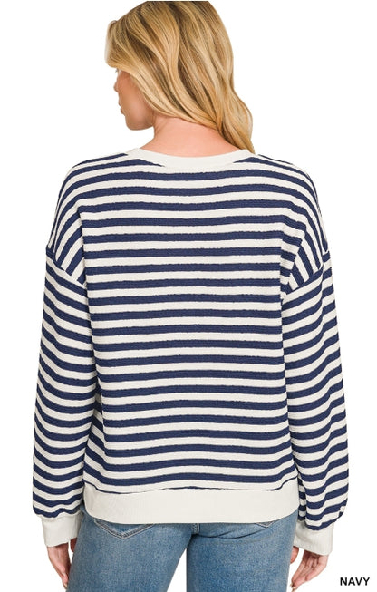 Zenana Navy Striped Rib Banded Pullover | Cotton Blend Crewneck Sweater Top