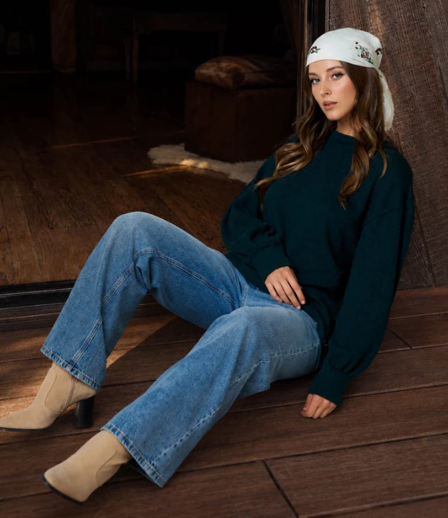 Deep Teal Oversized Waffle Knit Top | Balloon Sleeve Relaxed Sweater Top