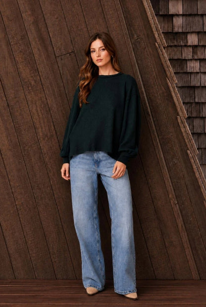 Deep Teal Oversized Waffle Knit Top | Balloon Sleeve Relaxed Sweater Top