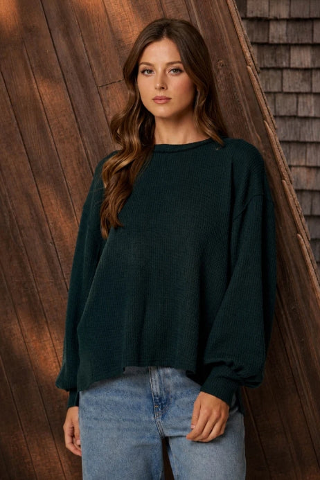 Deep Teal Oversized Waffle Knit Top | Balloon Sleeve Relaxed Sweater Top