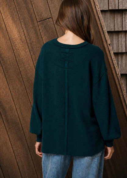 Deep Teal Oversized Waffle Knit Top | Balloon Sleeve Relaxed Sweater Top