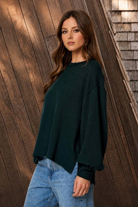 Deep Teal Oversized Waffle Knit Top | Balloon Sleeve Relaxed Sweater Top