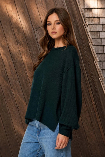 Deep Teal Oversized Waffle Knit Top | Balloon Sleeve Relaxed Sweater Top