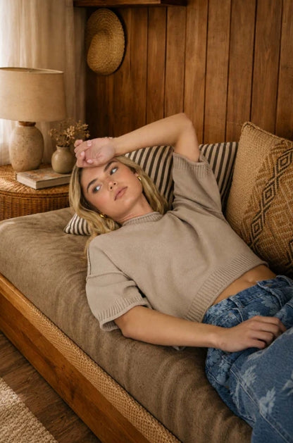 Easy Edit Short Sleeve Knit Sweater | Taupe Cropped Pullover Top