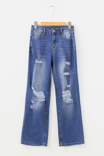 Myosotis Mid Rise Distressed Sneak Peek Straight Leg Jeans – Vintage Wash Relaxed Fit Denim