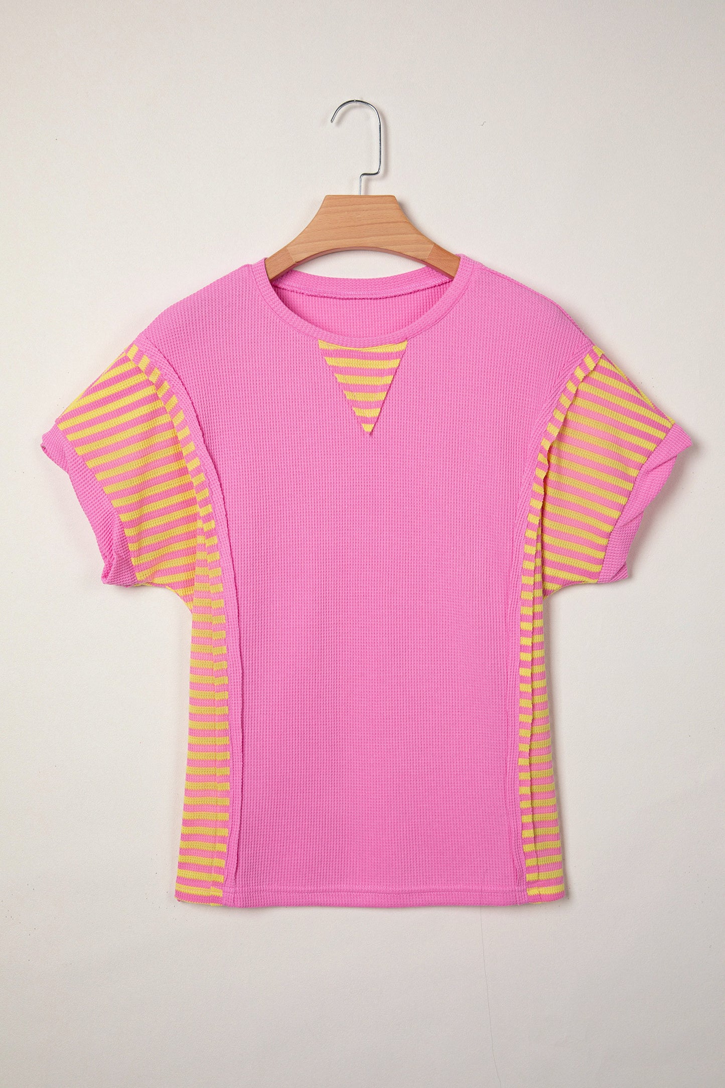 Sunshine Pop Waffle Knit Tee – Pink Contrast Stripe Patchwork Relaxed Fit Top