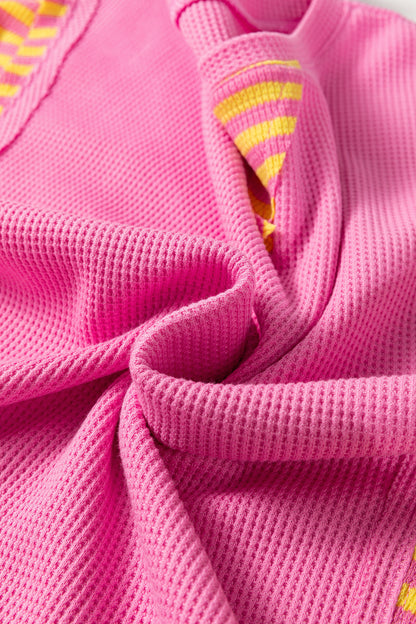 Sunshine Pop Waffle Knit Tee – Pink Contrast Stripe Patchwork Relaxed Fit Top