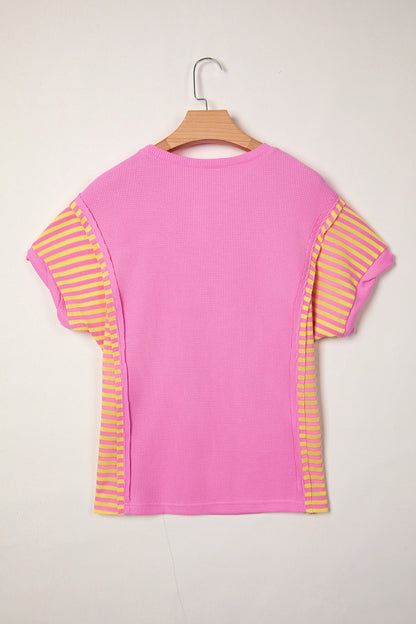 Sunshine Pop Waffle Knit Tee – Pink Contrast Stripe Patchwork Relaxed Fit Top