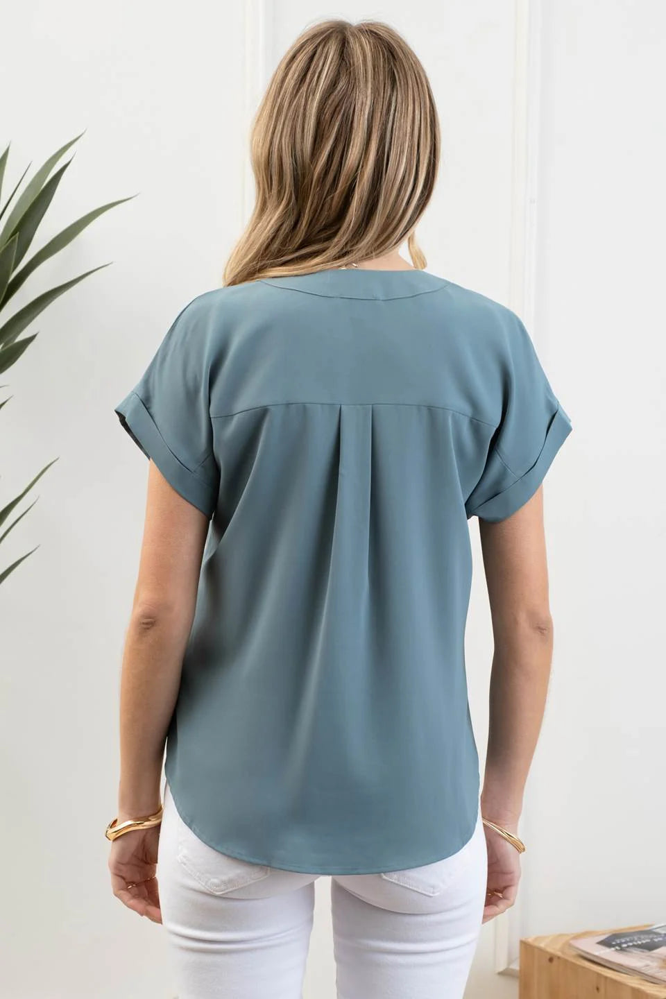 V NECK COLLAR ROLL UP SLEEVE BLOUSE Blu Pepper