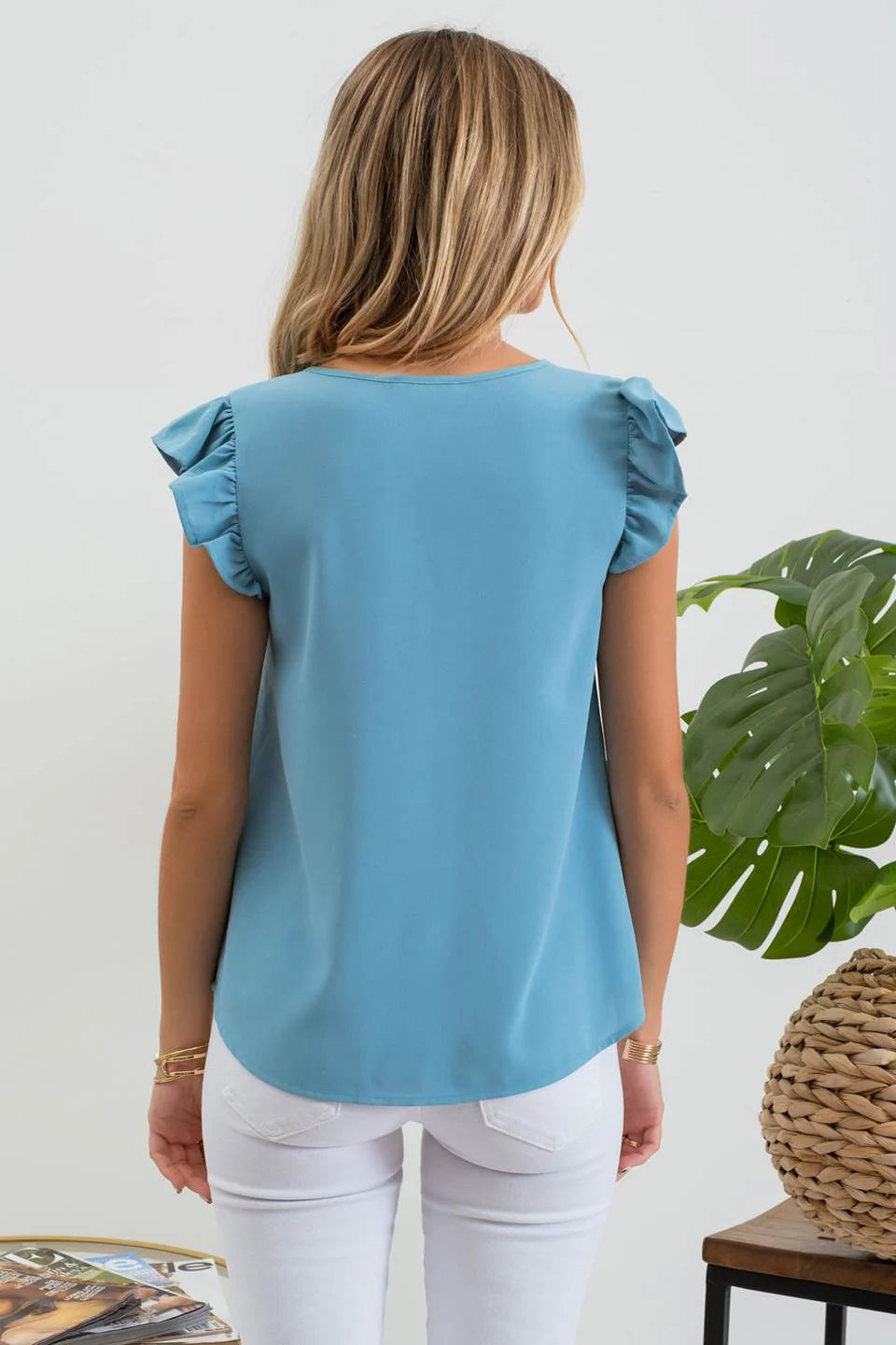 SPLIT NECK RUFFLE SLEEVE BLOUSE Blu Pepper