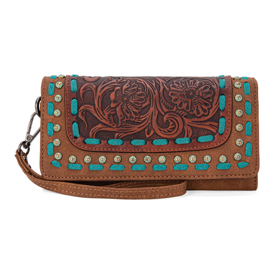 Brown and Teal Trinity Ranch Floral Tooled Collection Wallet