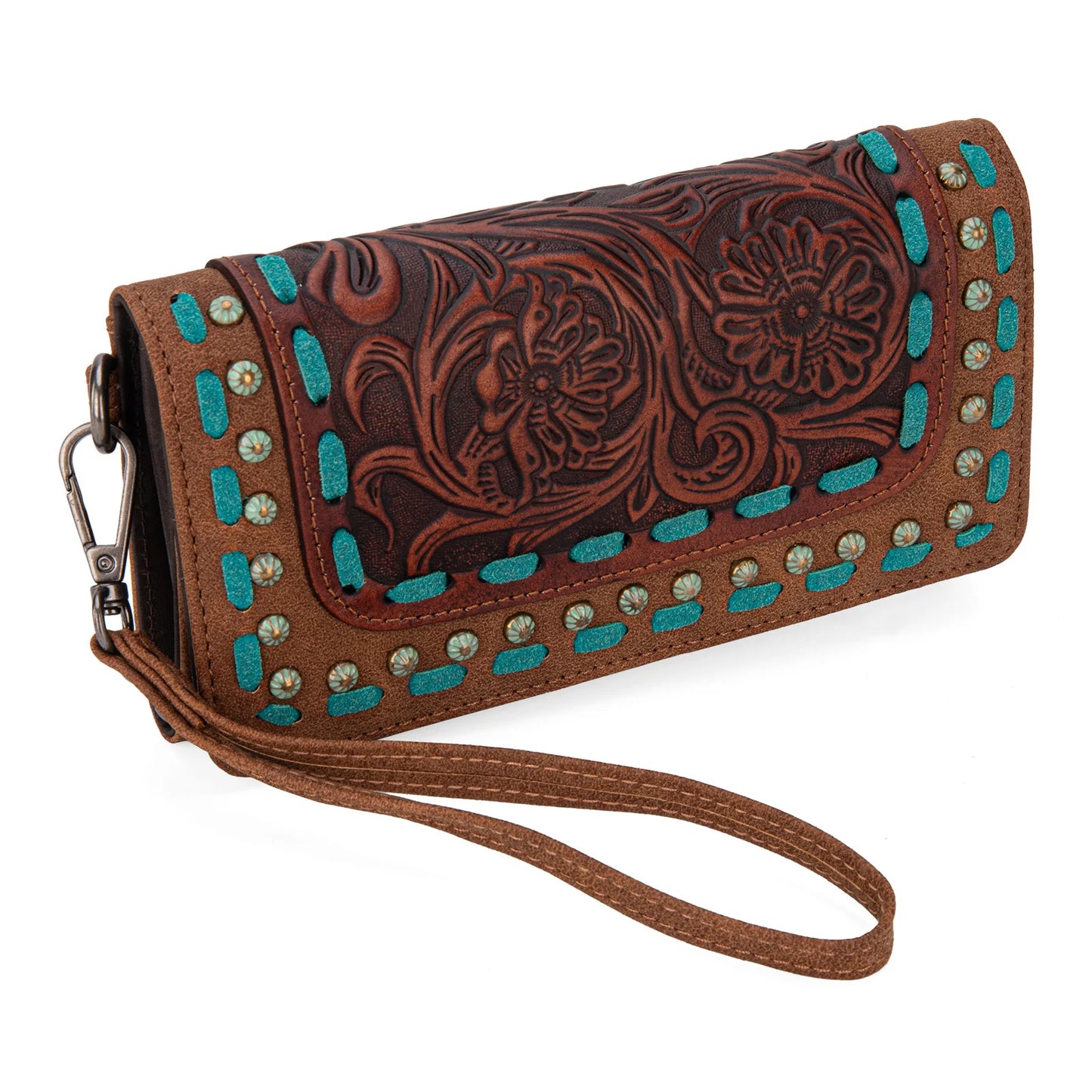 Brown and Teal Trinity Ranch Floral Tooled Collection Wallet