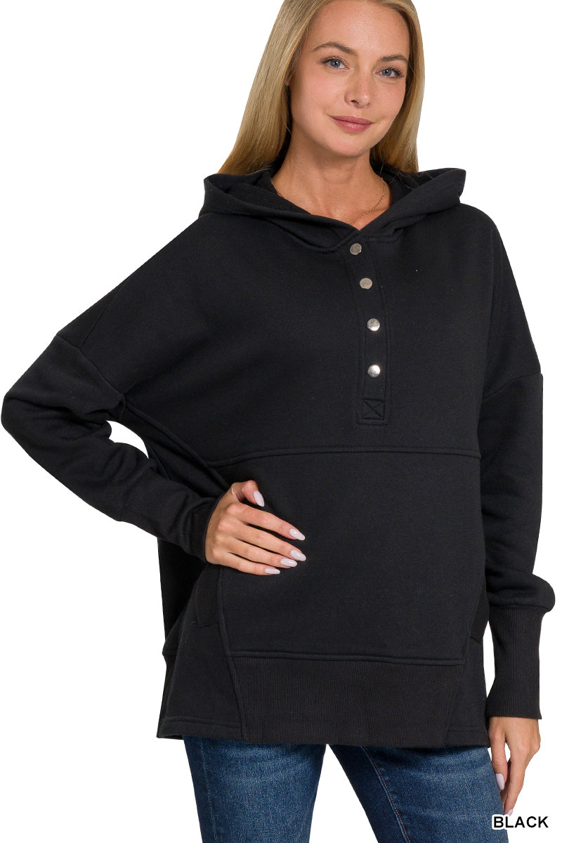 HALF BUTTON FLEECE HOODED PULLOVER