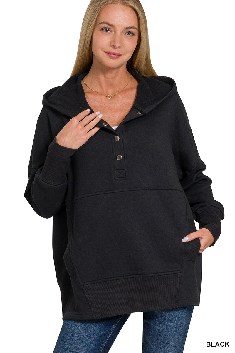 HALF BUTTON FLEECE HOODED PULLOVER