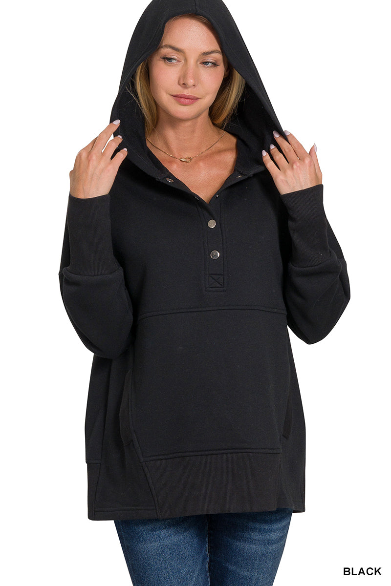 HALF BUTTON FLEECE HOODED PULLOVER