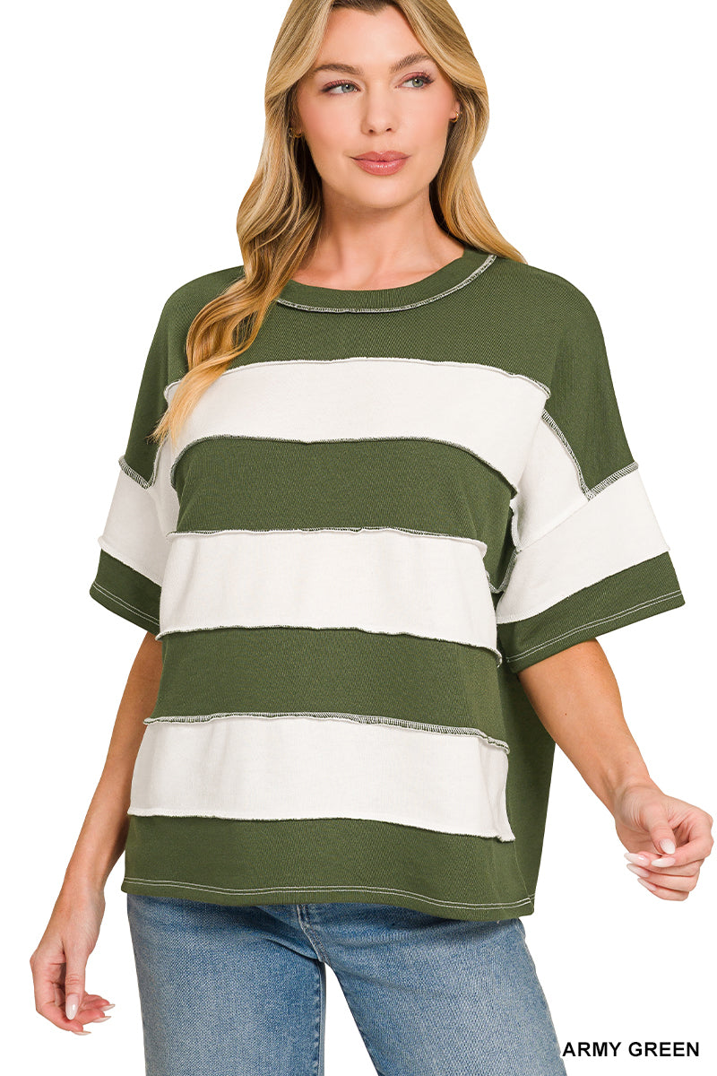 French Terry Striped Exposed Seam Top | Zenana Oversized Short Sleeve Pullover