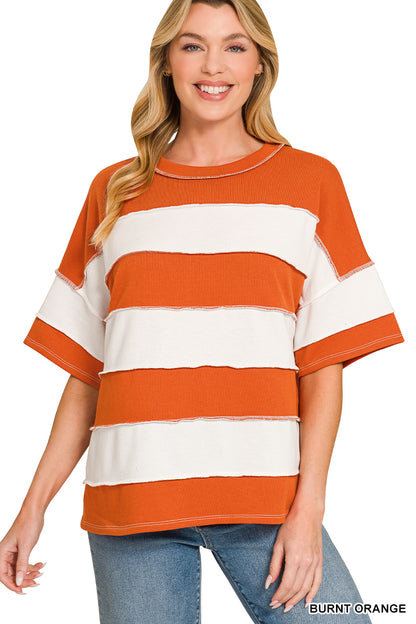 French Terry Striped Exposed Seam Top | Zenana Oversized Short Sleeve Pullover