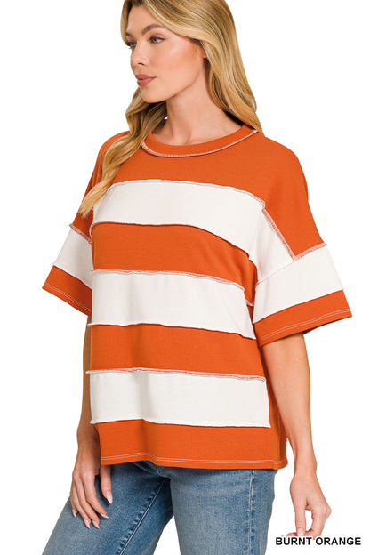 French Terry Striped Exposed Seam Top | Zenana Oversized Short Sleeve Pullover