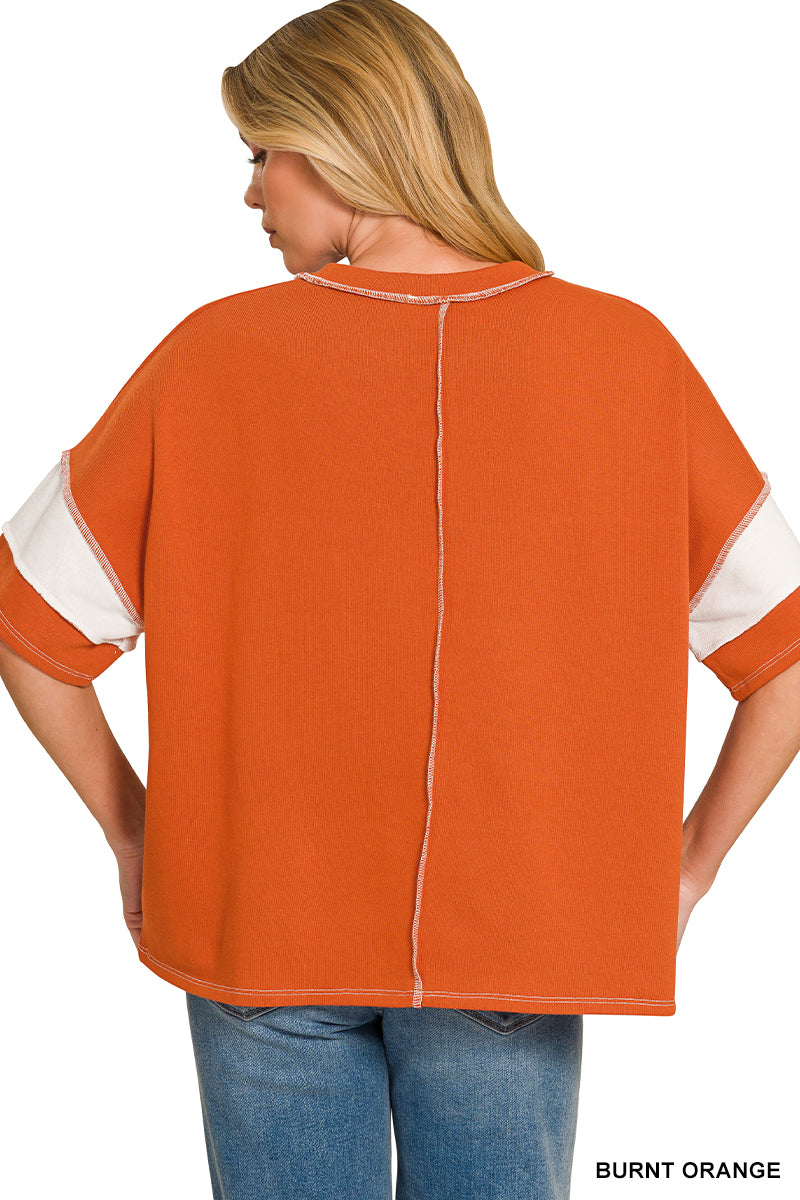 French Terry Striped Exposed Seam Top | Zenana Oversized Short Sleeve Pullover