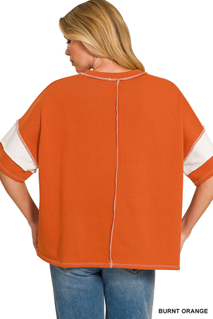 French Terry Striped Exposed Seam Top | Zenana Oversized Short Sleeve Pullover