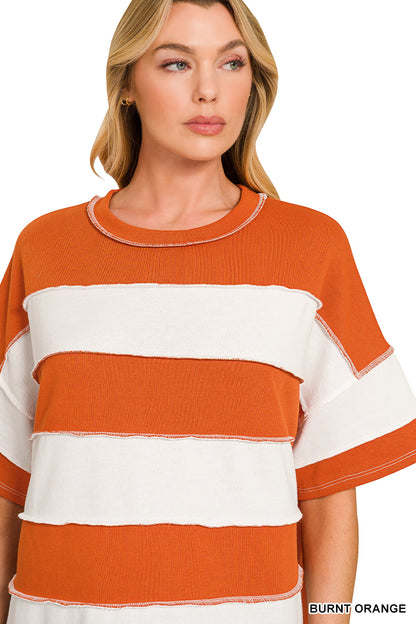 French Terry Striped Exposed Seam Top | Zenana Oversized Short Sleeve Pullover